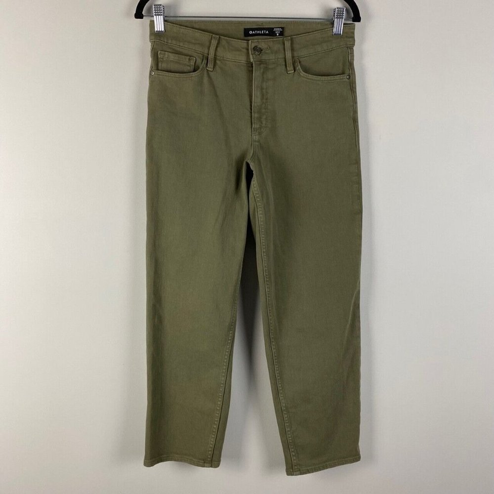 Athleta Womens 8 Flex Straight Crop Jean Green Olive Cotton Stretch